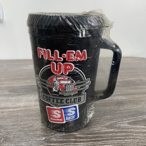 New! Speedway Fill Em Up Coffee Club Mug Aladdin Black Cup Insulated Vintage - Picture 1 of 5